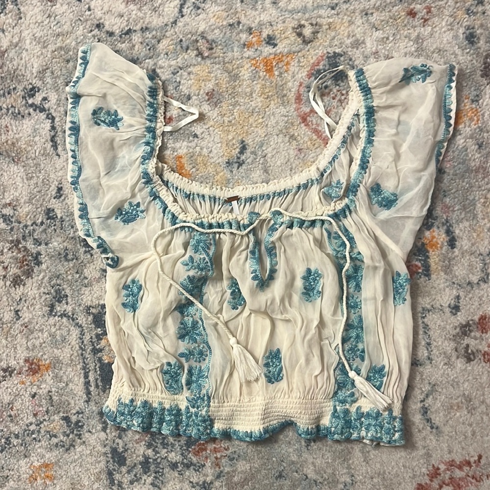 Free People White Sheer Top with Blue Embroidery